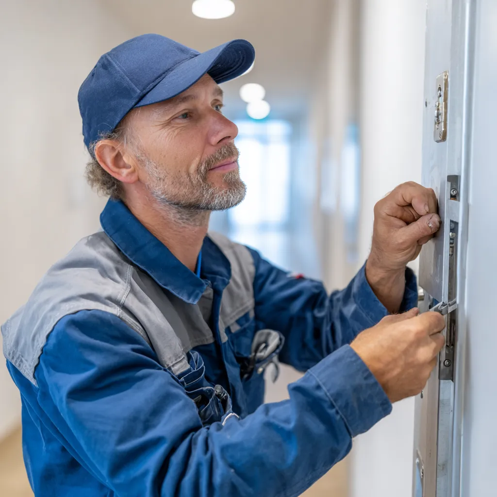 Hausmeister führt eine Reparatur an einer Tür durch – professioneller Hausmeisterservice