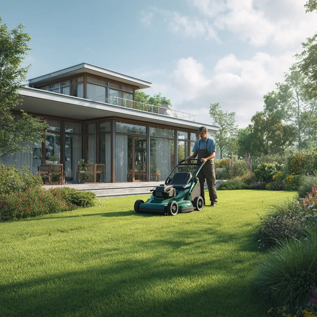 Gärtner mäht den Rasen – professionelle Gartenpflege