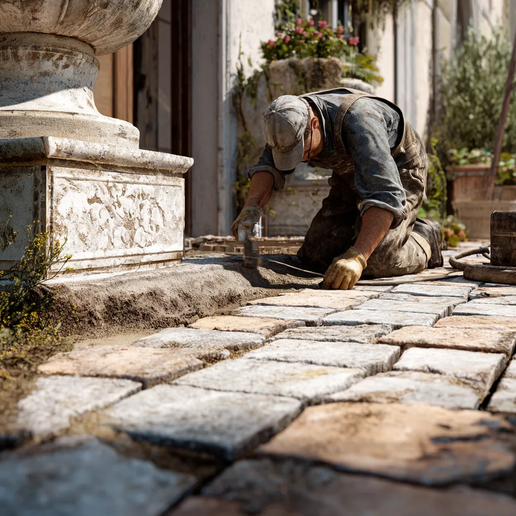 Reparatur abgesackter Pflastersteine – fachgerechte Instandhaltung in Unterfranken.