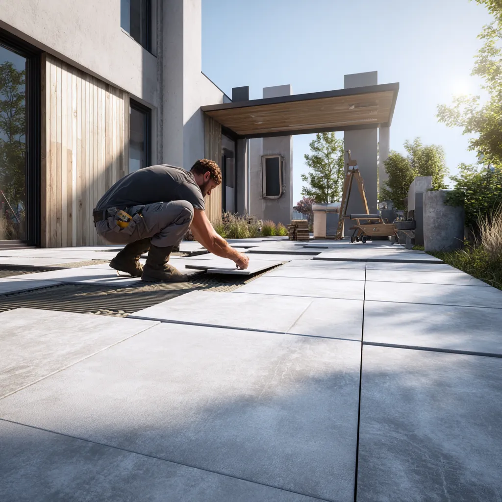 Verlegen großer Terrassenplatten – hochwertiger Terrassenbau in Schweinfurt.