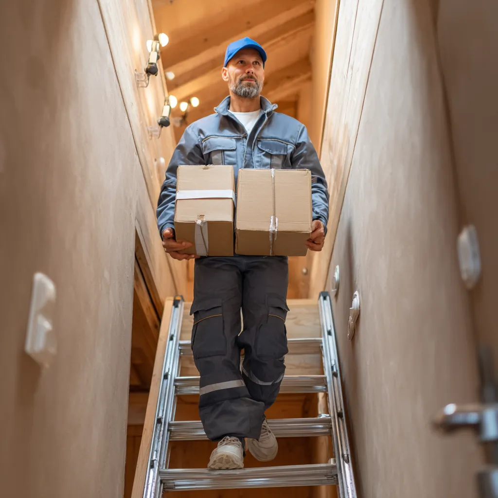 Fachgerechtes Heraustragen von Kartons über eine Dachbodentreppe.
