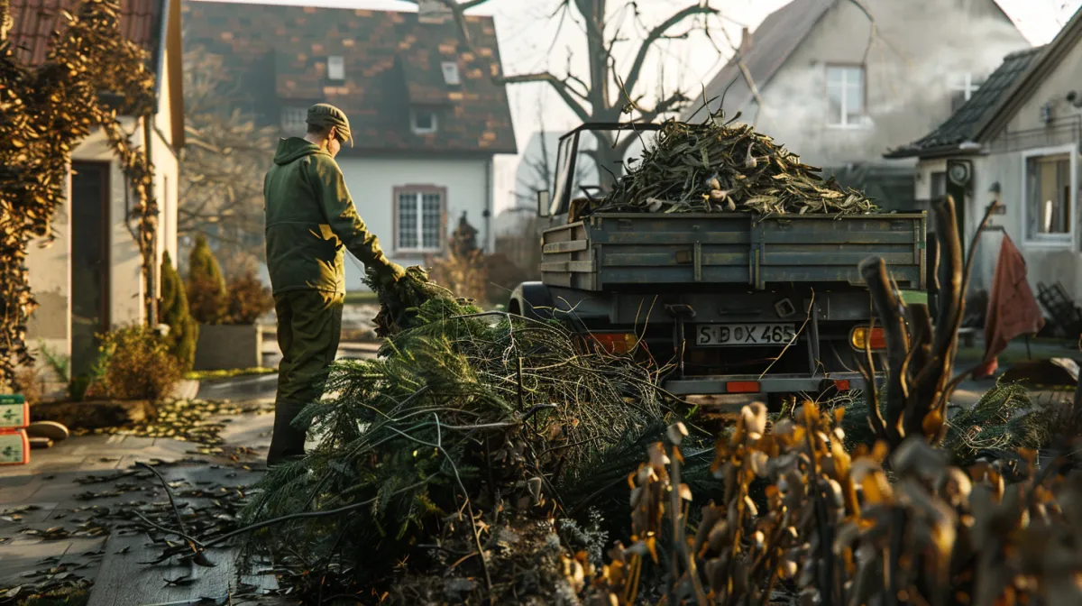 Grünabfall wird zum Abtransport vorbereitet.