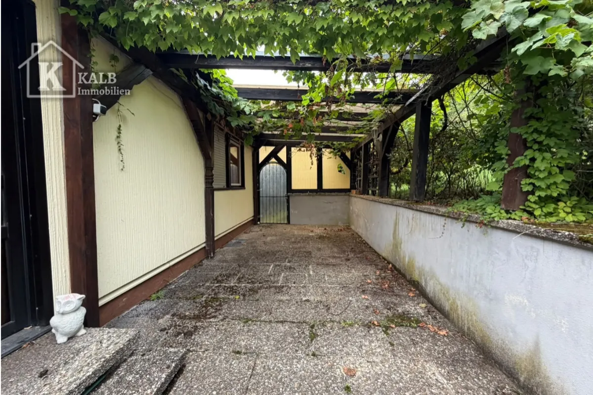 Überdachter Außenbereich mit Holzpergola und dichtem Pflanzenbewuchs