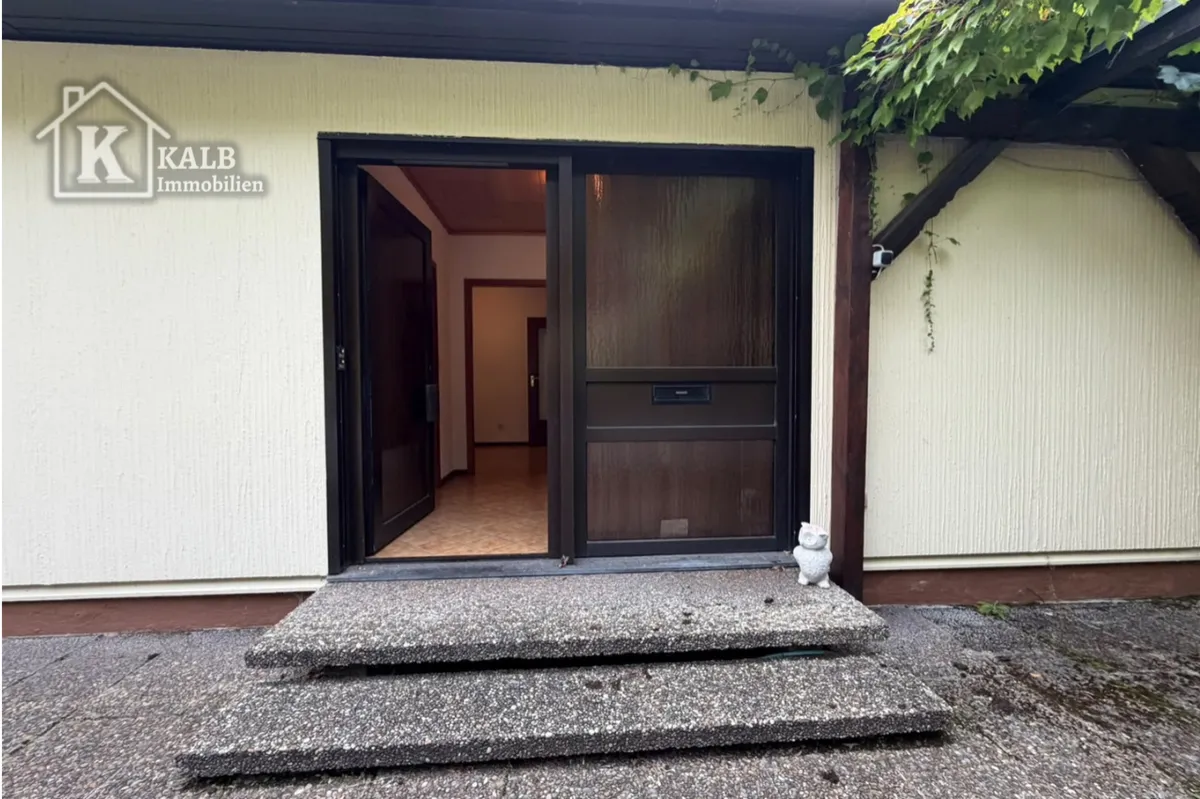 Überdachter Hauseingang mit dunkler Eingangstür und zwei Außenstufen