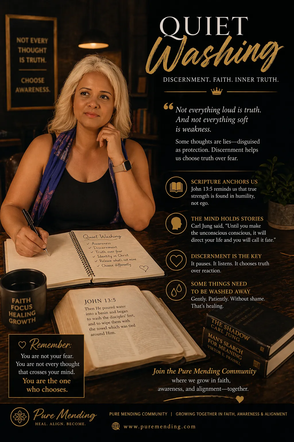 Woman sitting at a desk with a pen and open book, reflecting on faith, discernment, and inner truth in a quiet, introspective setting