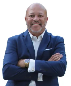 Black and white professional portrait of Marcus Vance