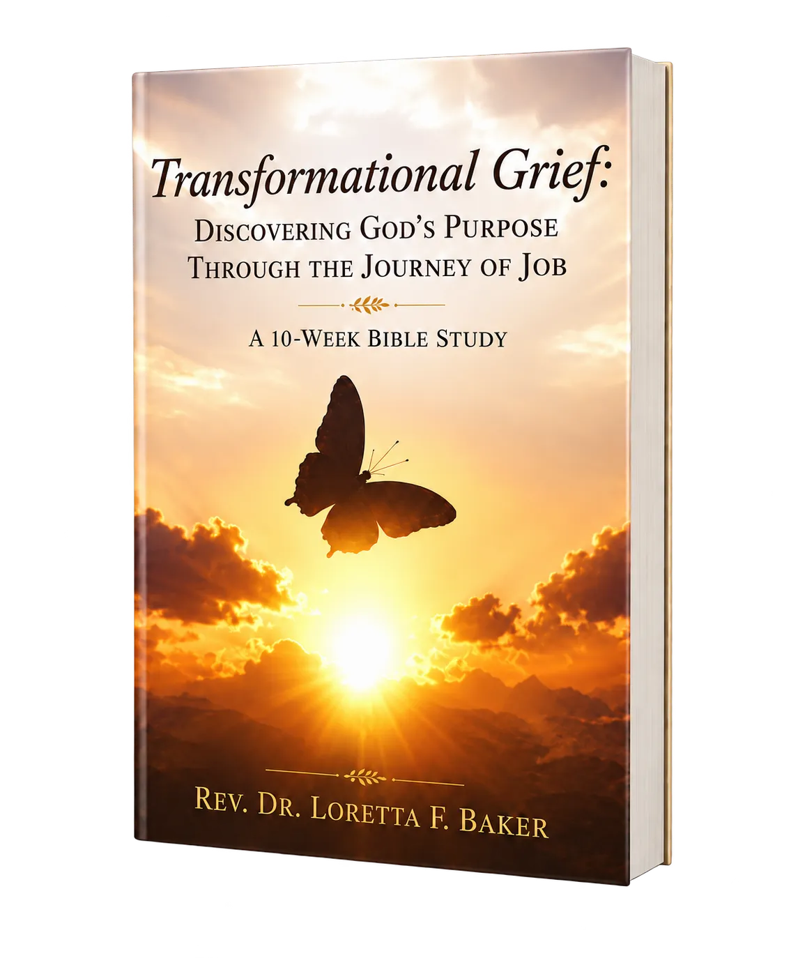 3D mockup of a book cover titled 'Transformational Grief: Discovering God's Purpose Through the Journey of Job'. The cover features a black butterfly silhouette against a sunset background.