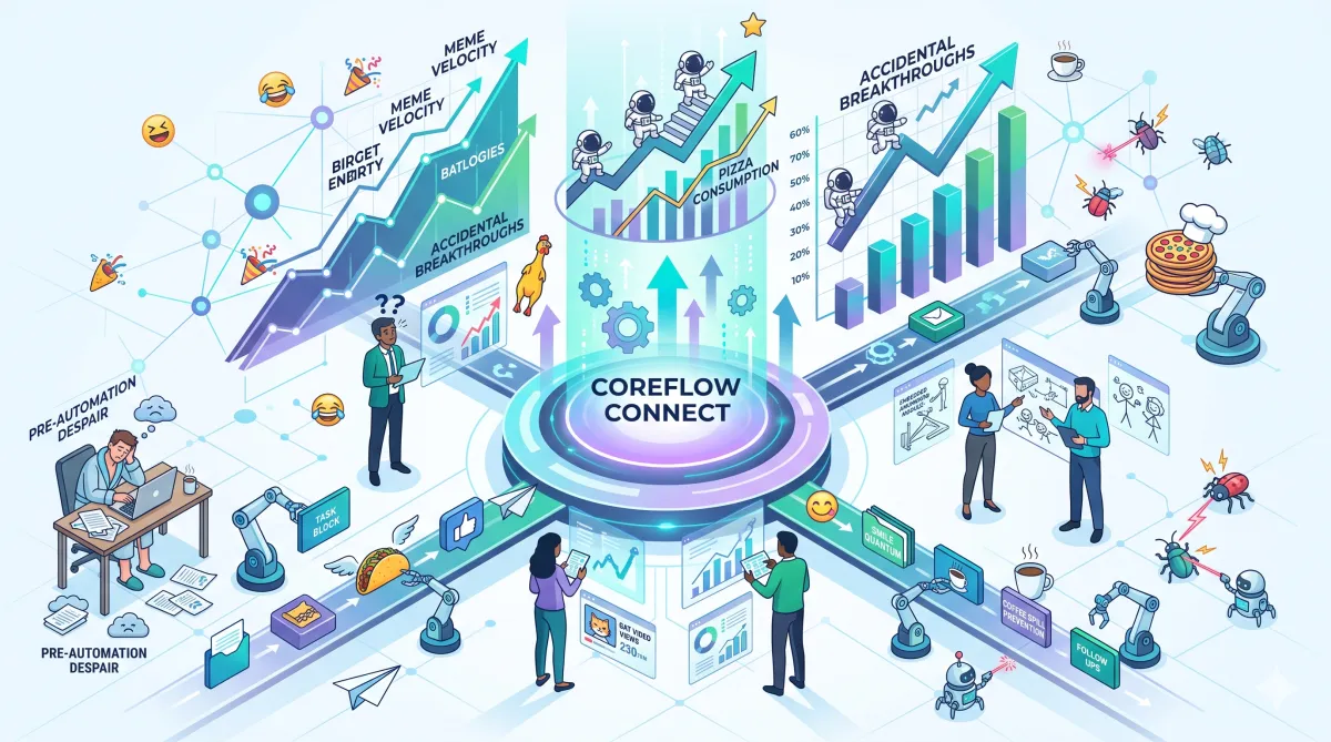 Humorous isometric workflow diagram for Coreflow Connect automation, illustrating connected operations with funny elements like flying tacos, pizza-stacking robots, and rising meme velocity charts.