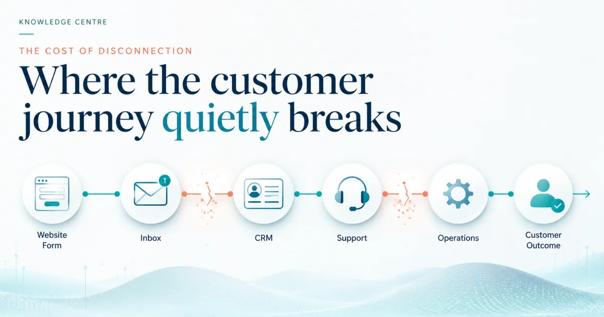 Illustration of a customer journey shown as connected digital touchpoints from website form to inbox, CRM, support, operations and customer outcome, with broken links between some systems highlighting where the journey quietly breaks.