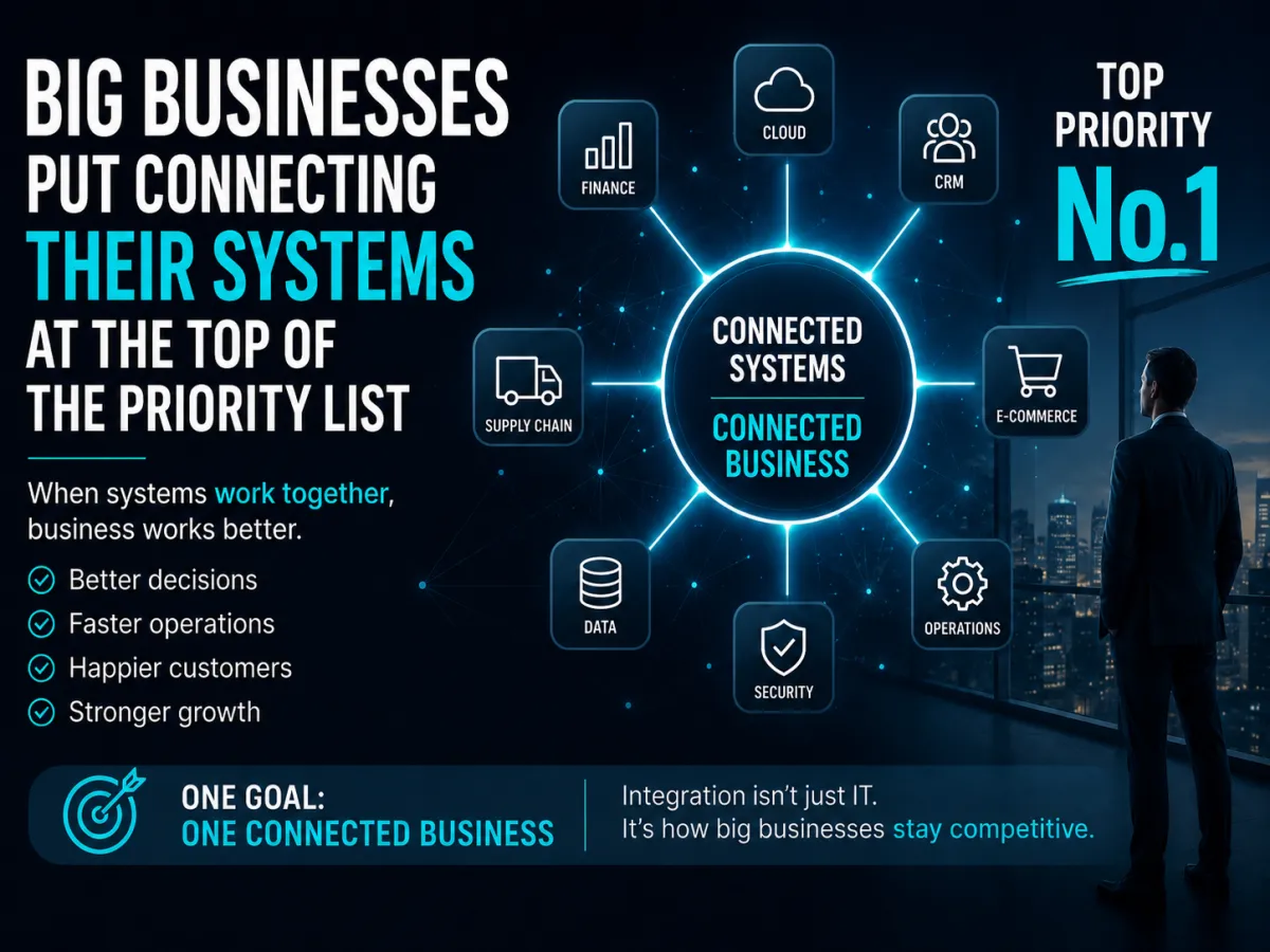 Promotional graphic with the headline “Big businesses put connecting their systems at the top of the priority list”. A glowing central hub labelled “Connected Systems / Connected Business” links to finance, cloud, CRM, supply chain, e-commerce, data, security and operations, while a businessman looks out over a city skyline. Supporting text highlights the benefits of connected systems: better decisions, faster operations, happier customers and stronger growth.