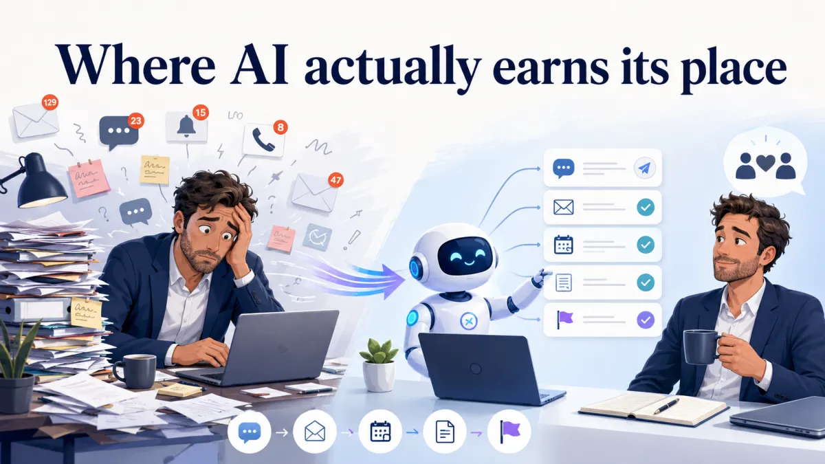 Amusing illustration for “Where AI actually earns its place”, showing an overwhelmed worker surrounded by messages, emails and paperwork while a friendly AI assistant organises routine replies, follow-ups and tasks, freeing the person to focus on the human side of the work.