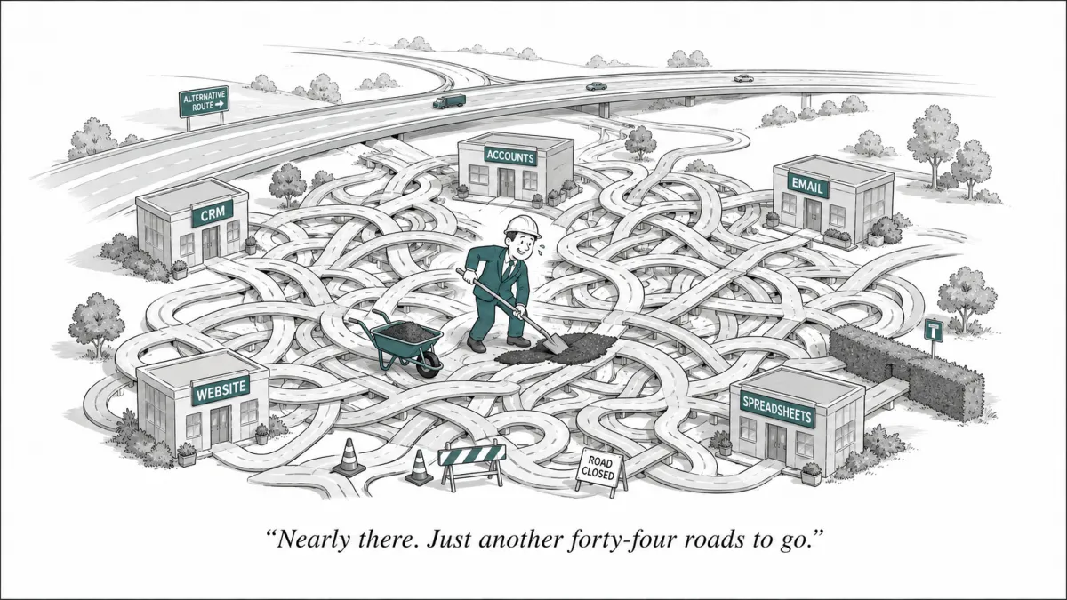 Alt text: > Editorial cartoon showing five office buildings labelled CRM, Accounts, Email, Website and Spreadsheets connected by a chaotic tangle of winding roads. A cheerful roadworker in a teal suit proudly lays another road while a simple motorway marked “Alternative Route” runs smoothly in the background. Caption: “Nearly there. Just another forty-four roads to go.”
