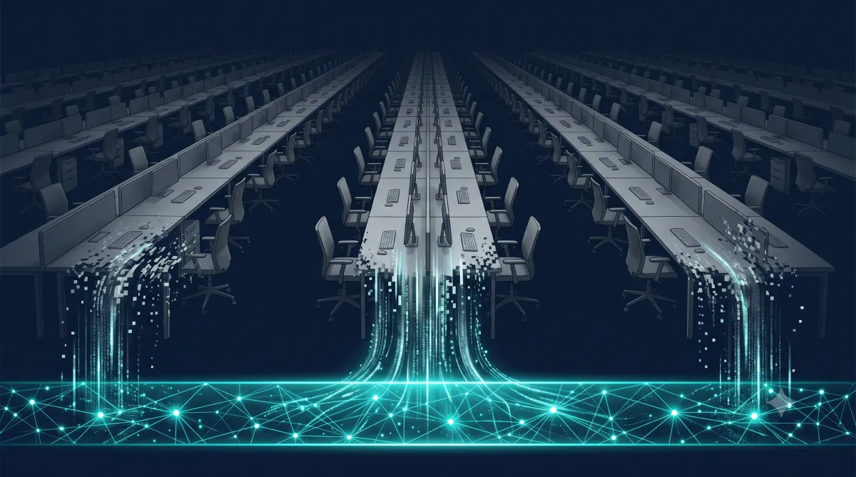 A detailed isometric digital illustration of a vast, futuristic call center, where countless rows of workstations (desks, computers, and chairs) stretch symmetrically to a vanishing point. The entire scene is bathed in glowing cyan-teal light and intricate data streams, which flow between the stations and converge on a central server rack and two modern foreground desks with monitors. Glowing code snippets and circuit patterns are visible throughout the structure.
