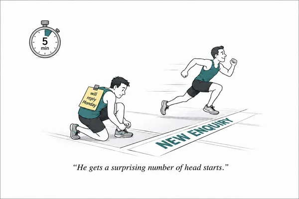 Cartoon of two runners at a starting line labelled “NEW ENQUIRY”. One runner is already sprinting away while the other is still tying his shoe with a sticky note on his back saying “will reply Monday”. A 5-minute timer sits in the top corner. Caption: “He gets a surprising number of head starts.”