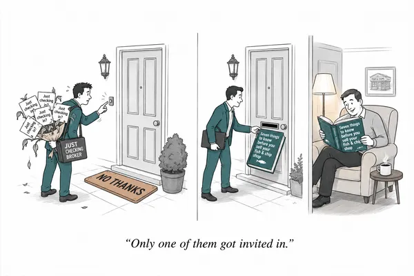 Cartoon in three scenes. A broker with a wilted bouquet of notes reading “Just checking in?” rings a doorbell above a doormat that says “No thanks”. At the same door, a second broker posts a book titled “Seven things to know before you sell your fish & chip shop” through the letterbox. Inside, the owner reads it happily in an armchair. Caption: “Only one of them got invited in.”
