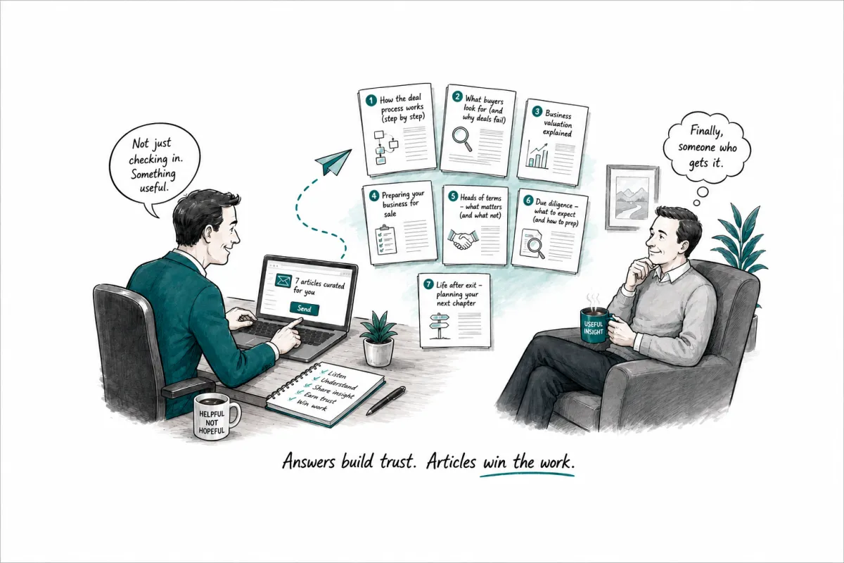 Cartoon showing a business broker sending seven useful articles to a prospective client instead of a generic follow-up. The broker sits at a laptop with a message saying “7 articles curated for you”, while seven article cards float between them. The prospect sits comfortably in an armchair thinking, “Finally, someone who gets it.” Caption: “Answers build trust. Articles win the work.”