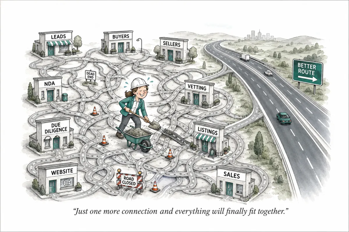 Cartoon aerial view of a business brokerage workflow shown as a town of buildings labelled Leads, Buyers, Sellers, NDA, Vetting, Due Diligence, Listings, Website and Sales. The buildings are connected by a chaotic tangle of small roads with dead ends and roadworks, while a clear motorway marked “Better Route” runs smoothly beside them. A smiling road worker adds yet another connection. Caption: “Just one more connection and everything will finally fit together.”