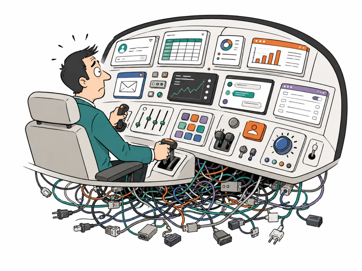 A worried business owner sits in a cockpit-style control room filled with mismatched software dashboards, buttons and screens, while a tangled mess of cables hangs underneath, symbolising the chaos of trying to grow a business with disconnected tools.