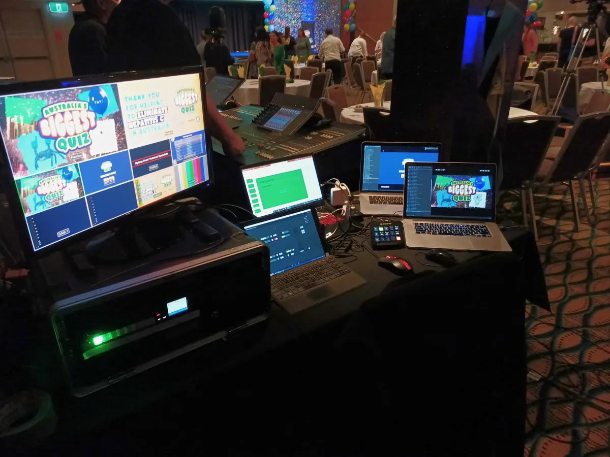 Multi-screen AV production booth with digital video switching, preview monitors, and technical event management