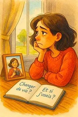 Femme en questionnement professionnel face à un carnet 'Changer de vie? Et si j'osais?' symbolisant le burn-out et la reconversion