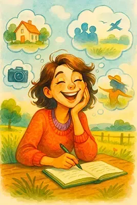 Femme souriante rêvant de reconversion professionnelle avec bulles de pensées montrant une maison, une famille, un appareil photo et la nature