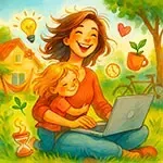 Femme épanouie en reconversion professionnelle travaillant à domicile avec son enfant dans un environnement chaleureux et serein