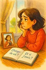 Illustration d'une femme épuisée contemplant sa vie passée et un carnet de réflexion sur la reconversion professionnelle et le changement de vie