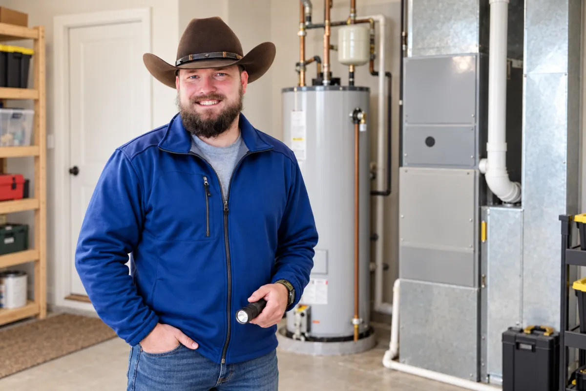 Jarett Vogler beside a utility area with clear access for inspection