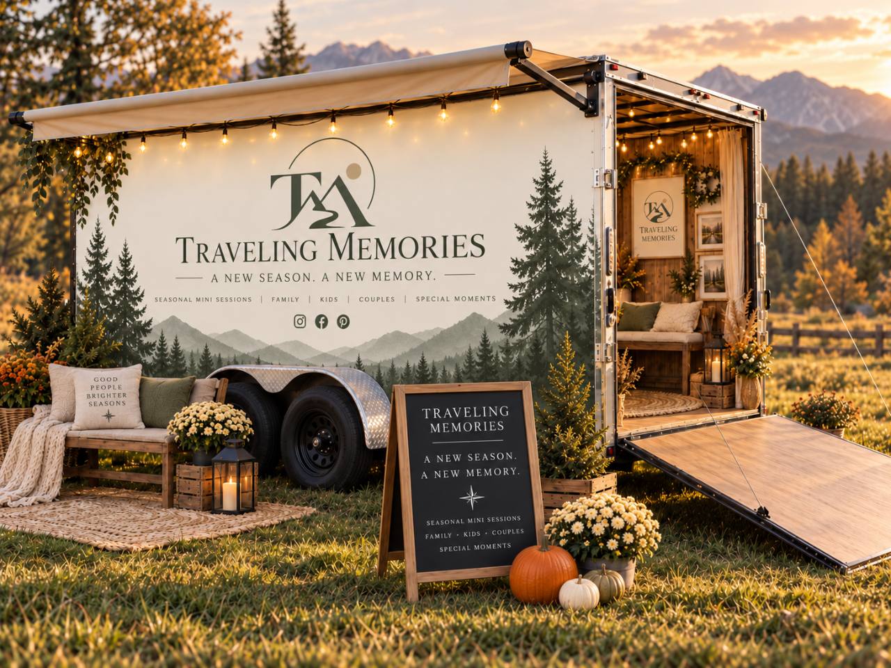 Traveling Memories mobile photo studio trailer at golden hour
