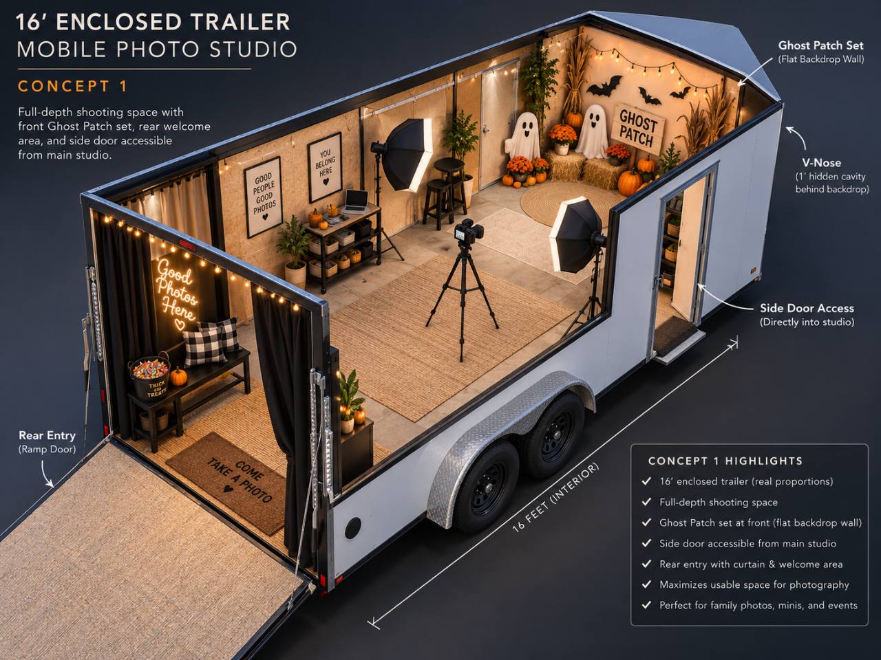 Mobile photo studio trailer concept with seasonal set and photography equipment