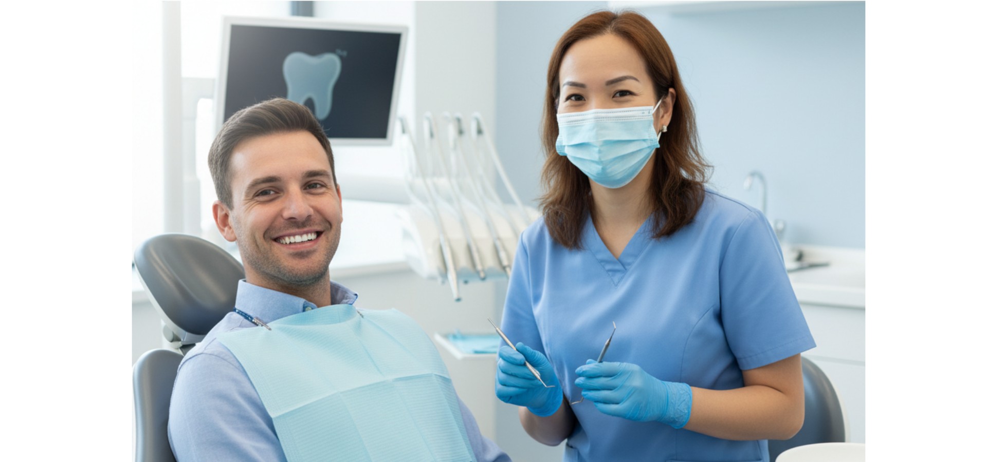Dentist and patient smiling during professional dental cleaning at O’Connor Dental Care in North York Ontario