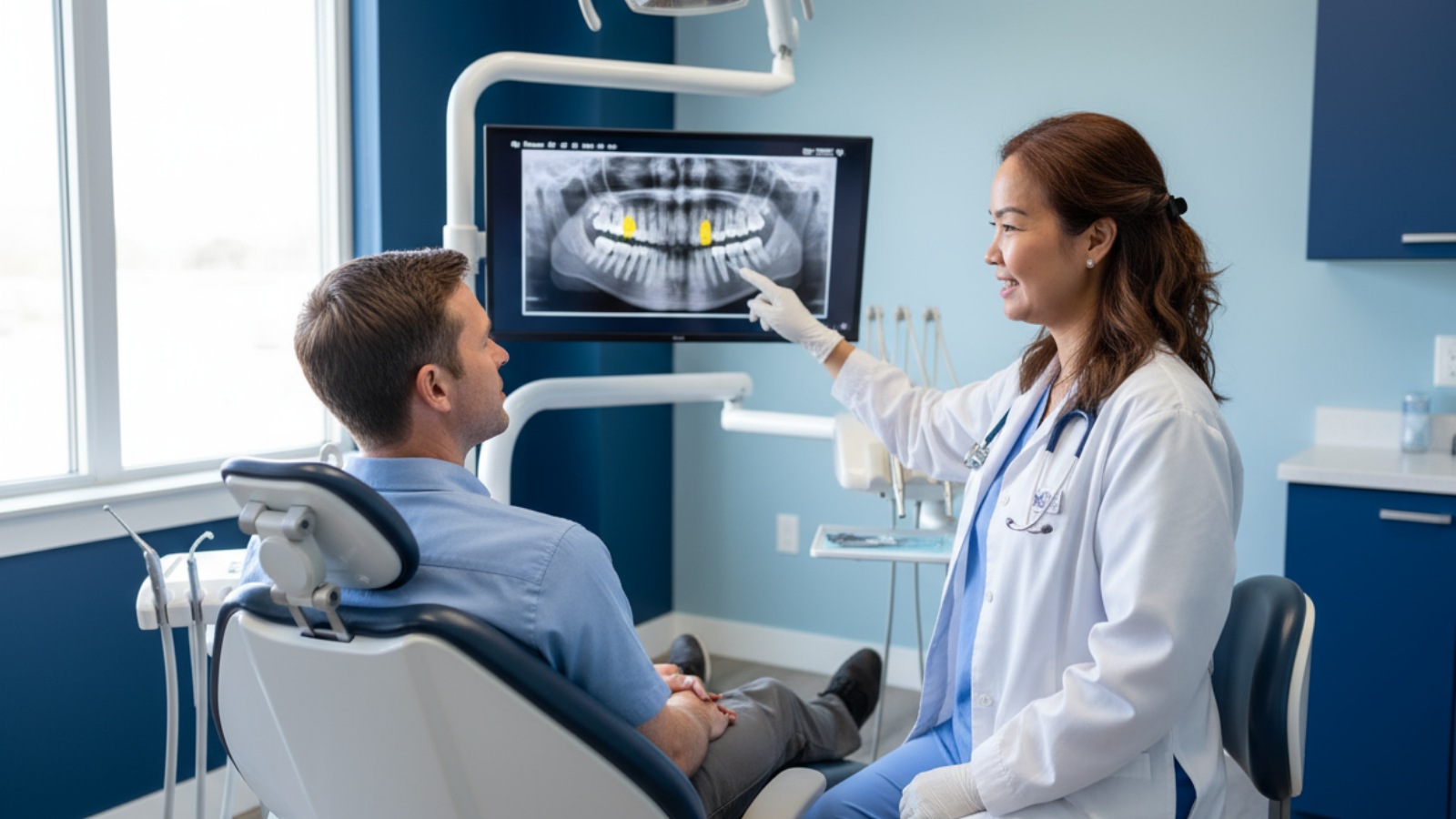 Dentist reviewing dental x ray with patient in North York dental clinic