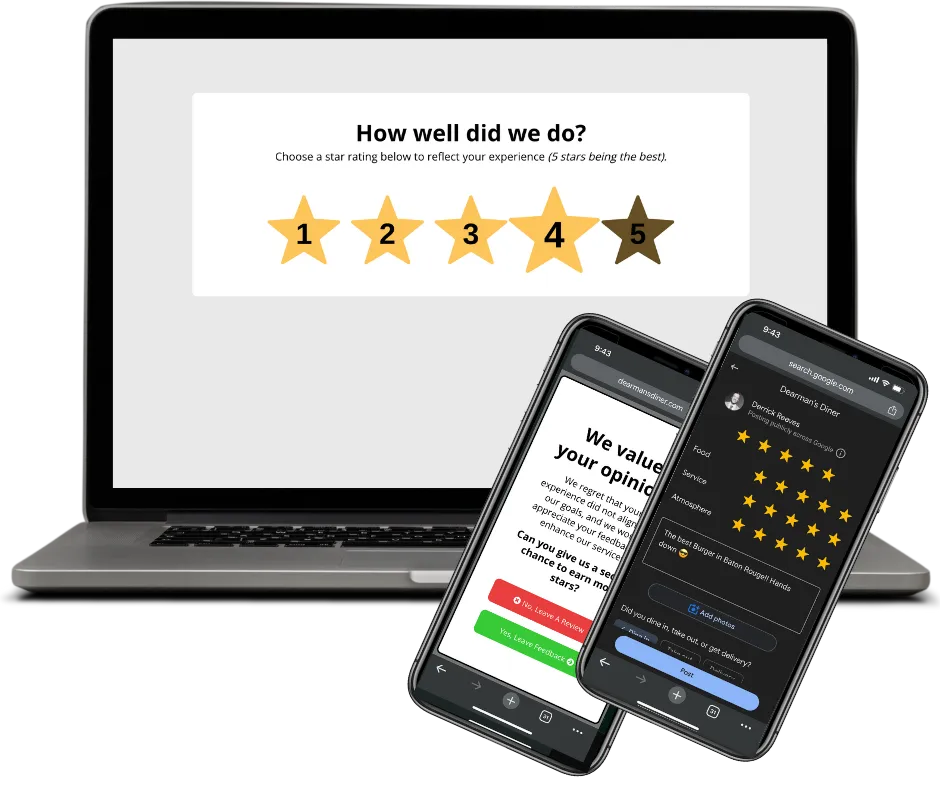 Laptop and phone displaying a review page, highlighting reputation management services.