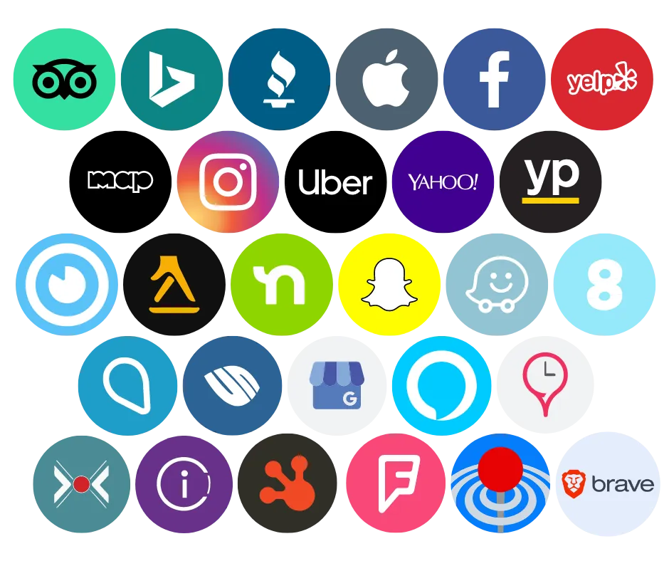 Icons of various online platforms, representing business listing services for brand exposure.