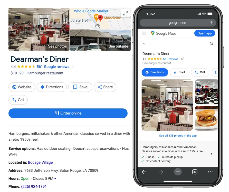 Mobile and desktop view of a Google Business profile, showcasing local search optimization.