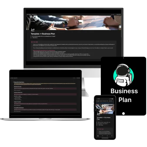Laptop, tablet, and phone displaying a business plan template, symbolizing comprehensive and customizable business planning tools.