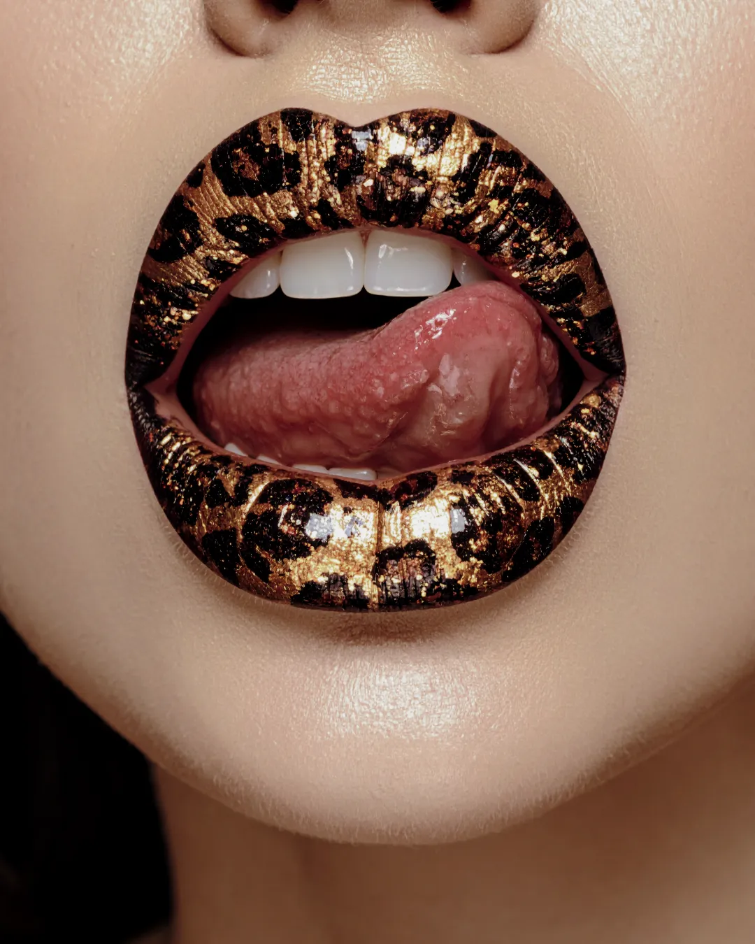 Womans mouth and lips have leopard print