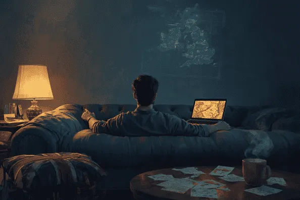 man on sofa looking at a laptop with a map of the UK on the wall