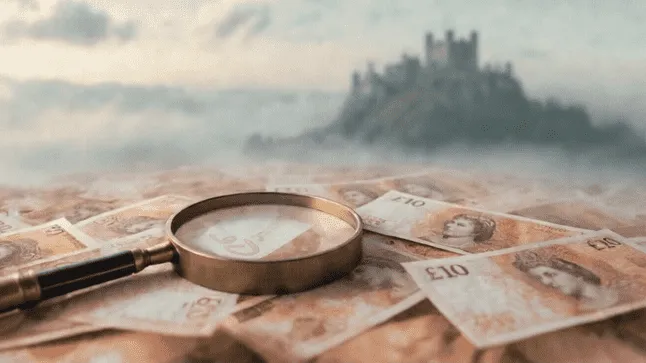 £10 notes a castle and magnifying glass