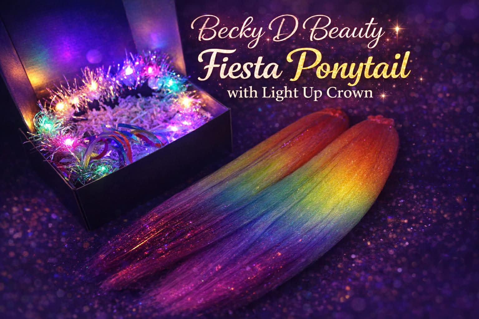Becky D Beauty fiesta ponytail extensions with rainbow glitter and light up crown inside gift box