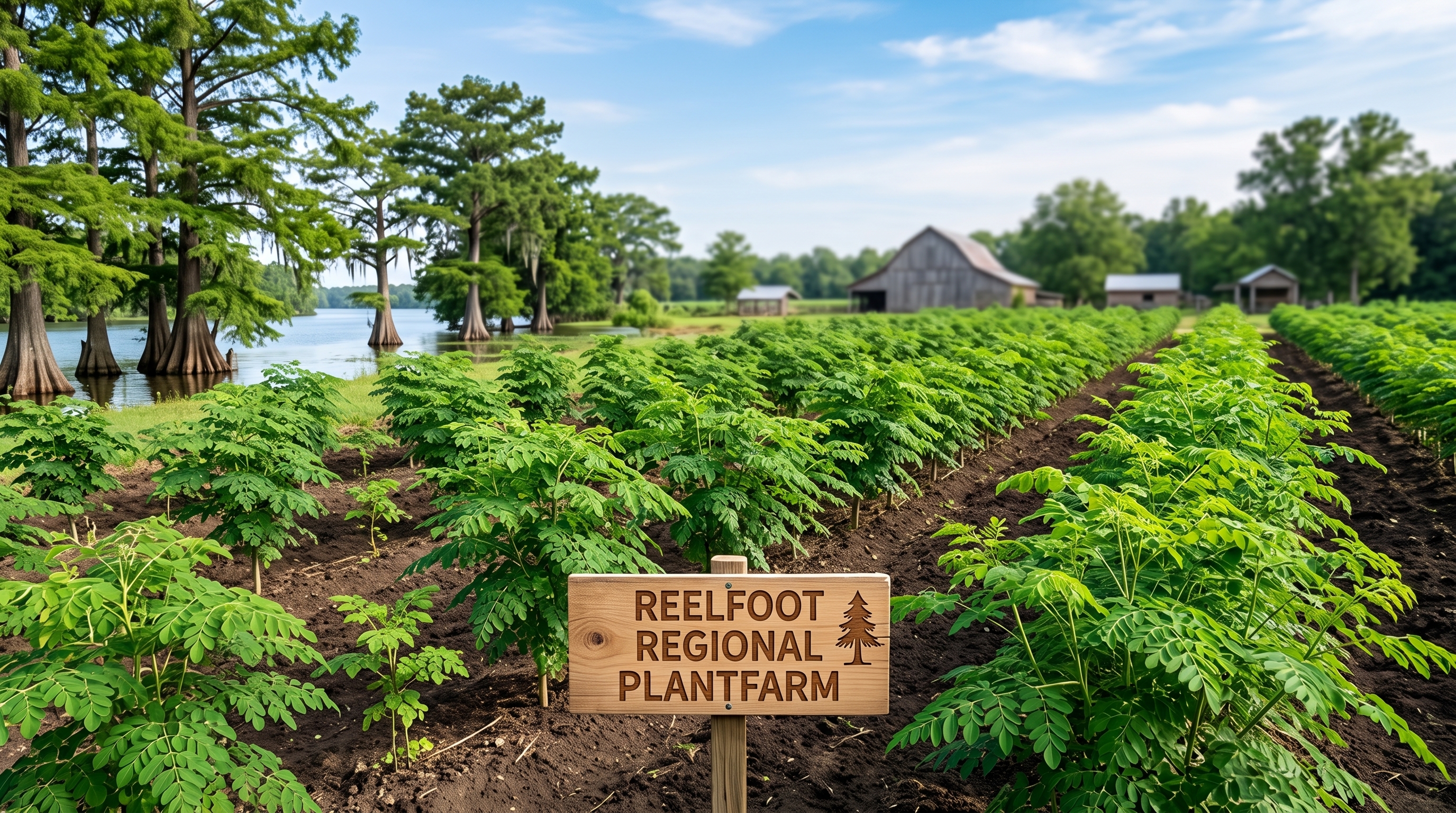 Lush rows of organic moringa trees growing at Reelfoot Regional