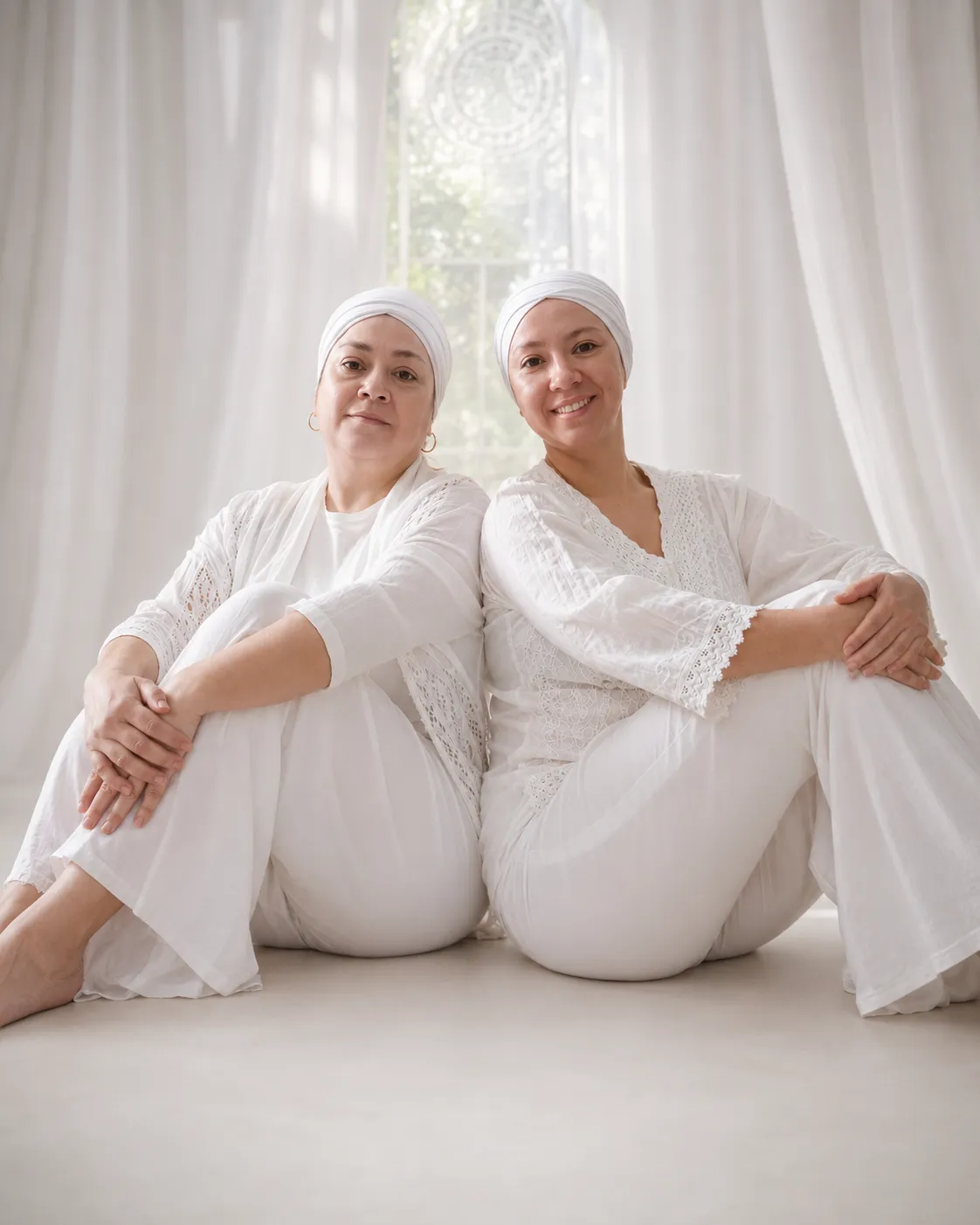 Dos mujeres en un espacio iluminado con luz natural, transmitiendo serenidad y contención.