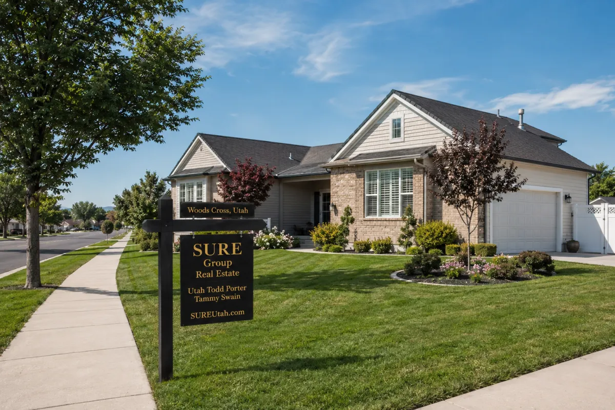 Woods Cross Utah home for sale with SURE Group real estate sign, manicured lawn, and flat Davis County neighborhood street
