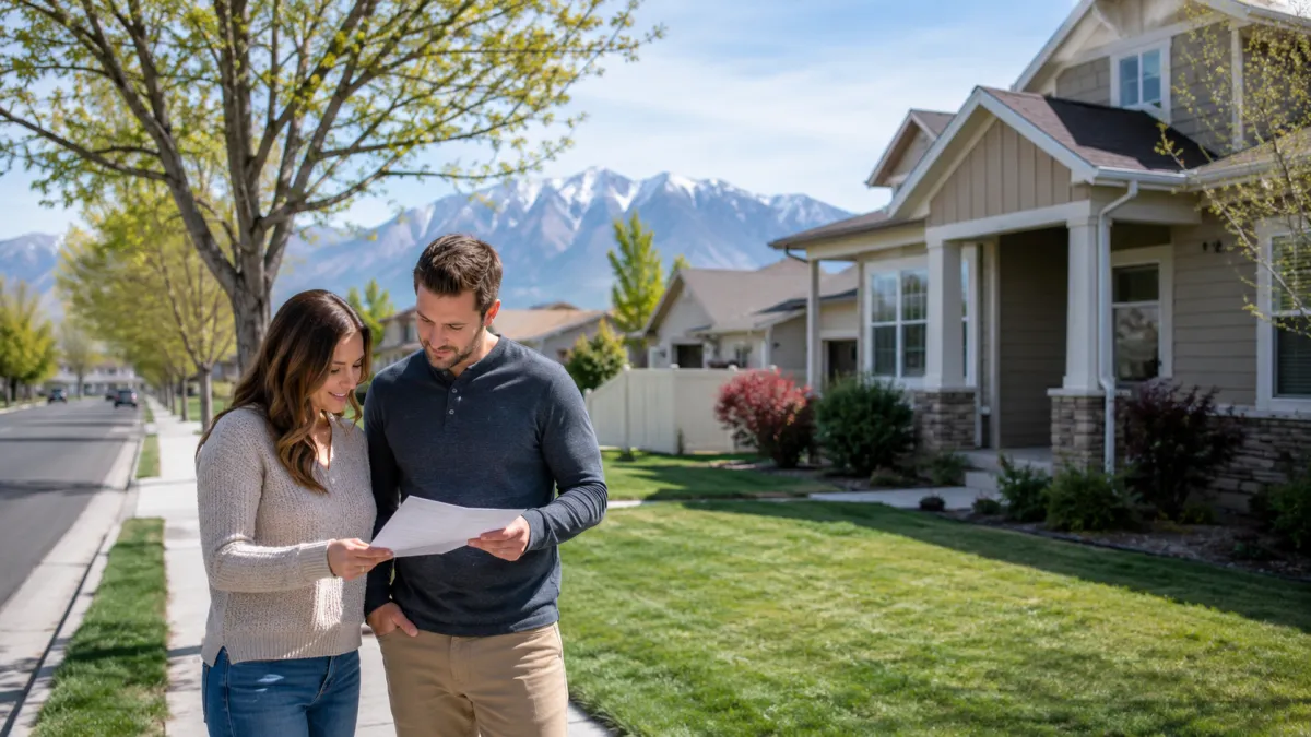 Davis County Utah homebuyers reviewing paperwork in a Northern Utah neighborhood with single-family homes, sidewalks, mature trees, green lawns, and mountain views