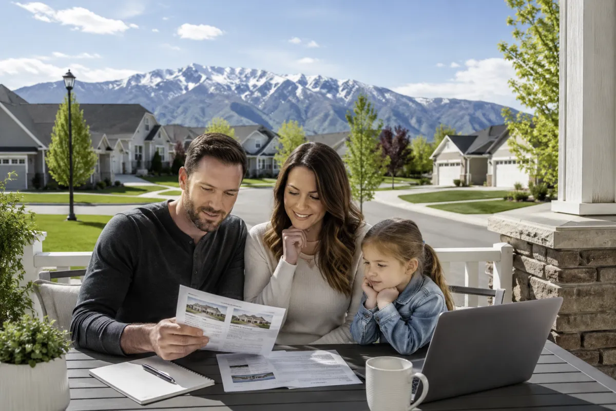 Homebuyers reviewing paperwork in a Davis County Utah neighborhood with Wasatch Front mountain views.