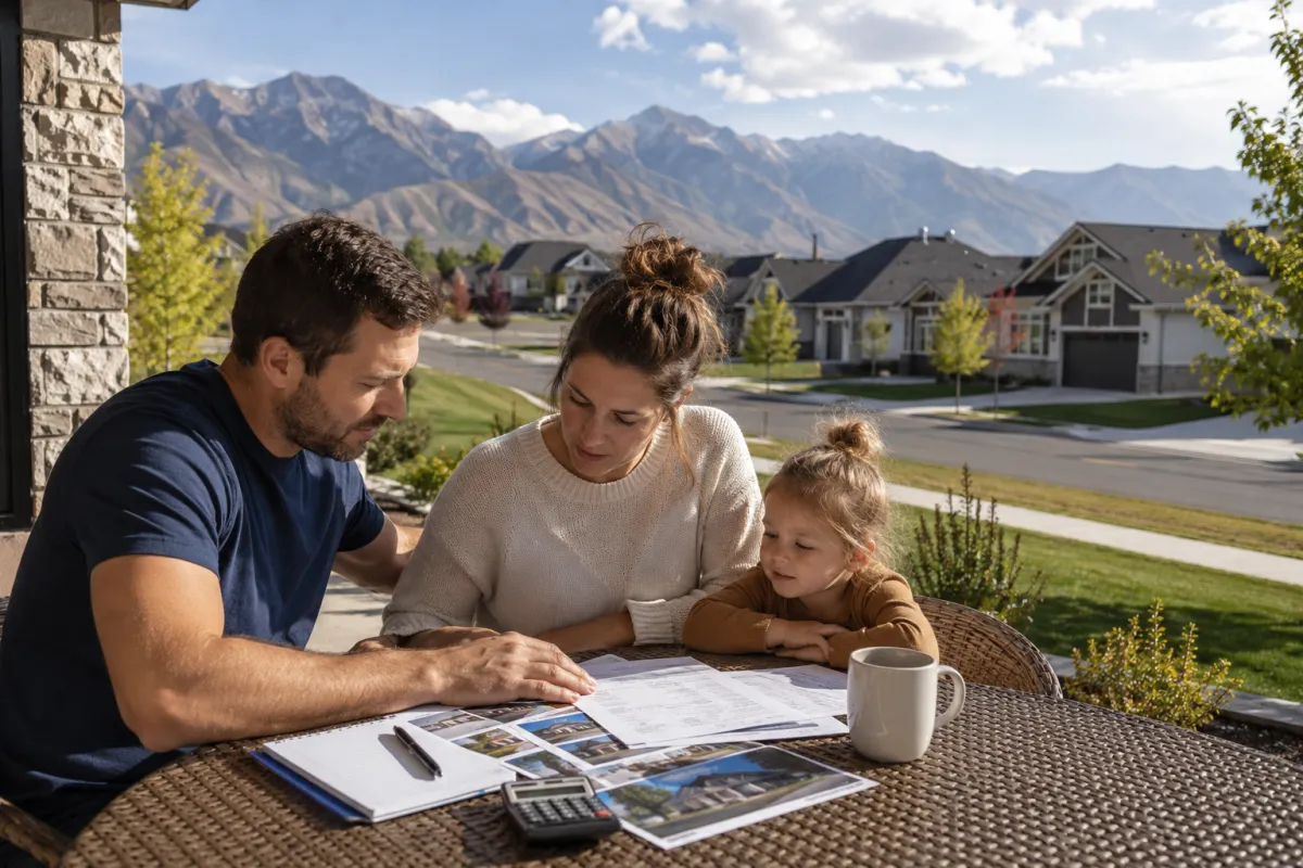Northern Utah homebuyers reviewing payment and income paperwork with Wasatch Front mountain views.
