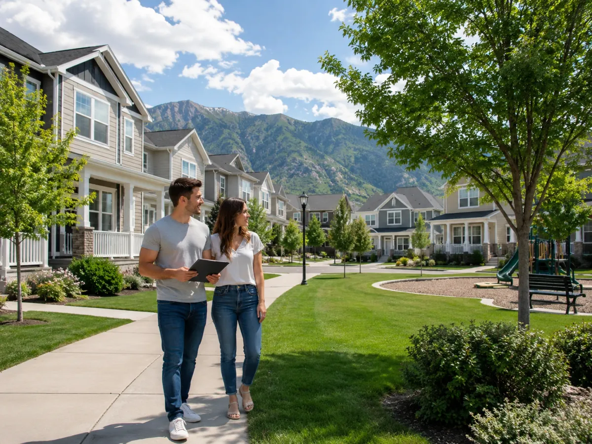 First-time homebuyers comparing starter homes and townhomes in a Davis County neighborhood with sidewalks, green lawns, mature trees, and Wasatch Front mountain views.