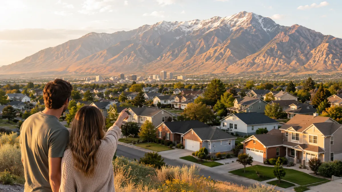 Young couple overlooking Weber County, Utah, neighborhoods with modest homes, mature trees, practical garages, a distant Ogden skyline, and dramatic Mount Ogden and Ben Lomond views at golden hour.