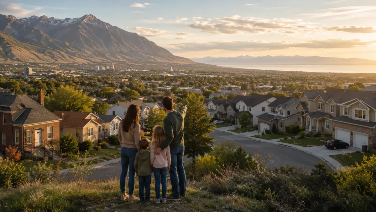 Family overlooking Weber County and Davis County, Utah, with modest neighborhoods, mature trees, newer suburban homes, Wasatch Mountain views, and the Great Salt Lake in warm golden-hour light.