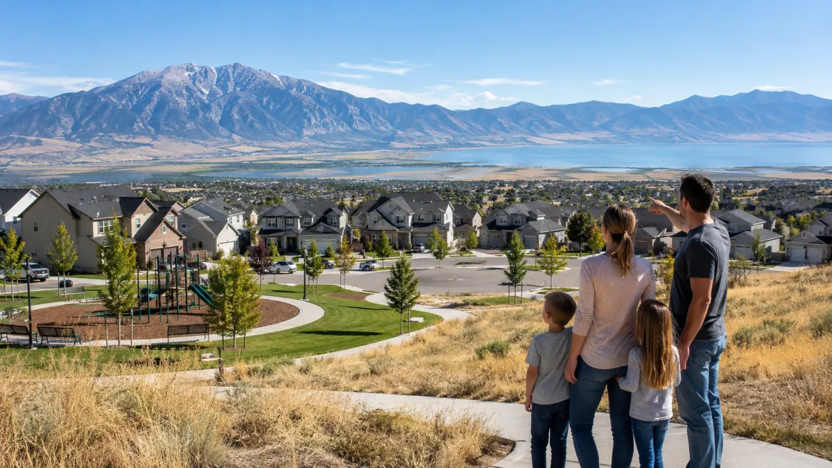 Family overlooking a Utah County neighborhood with attainable homes, a community park, Utah Lake, and Mount Timpanogos under bright morning light.